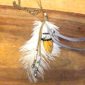 Long feather, brass, glass bead necklace